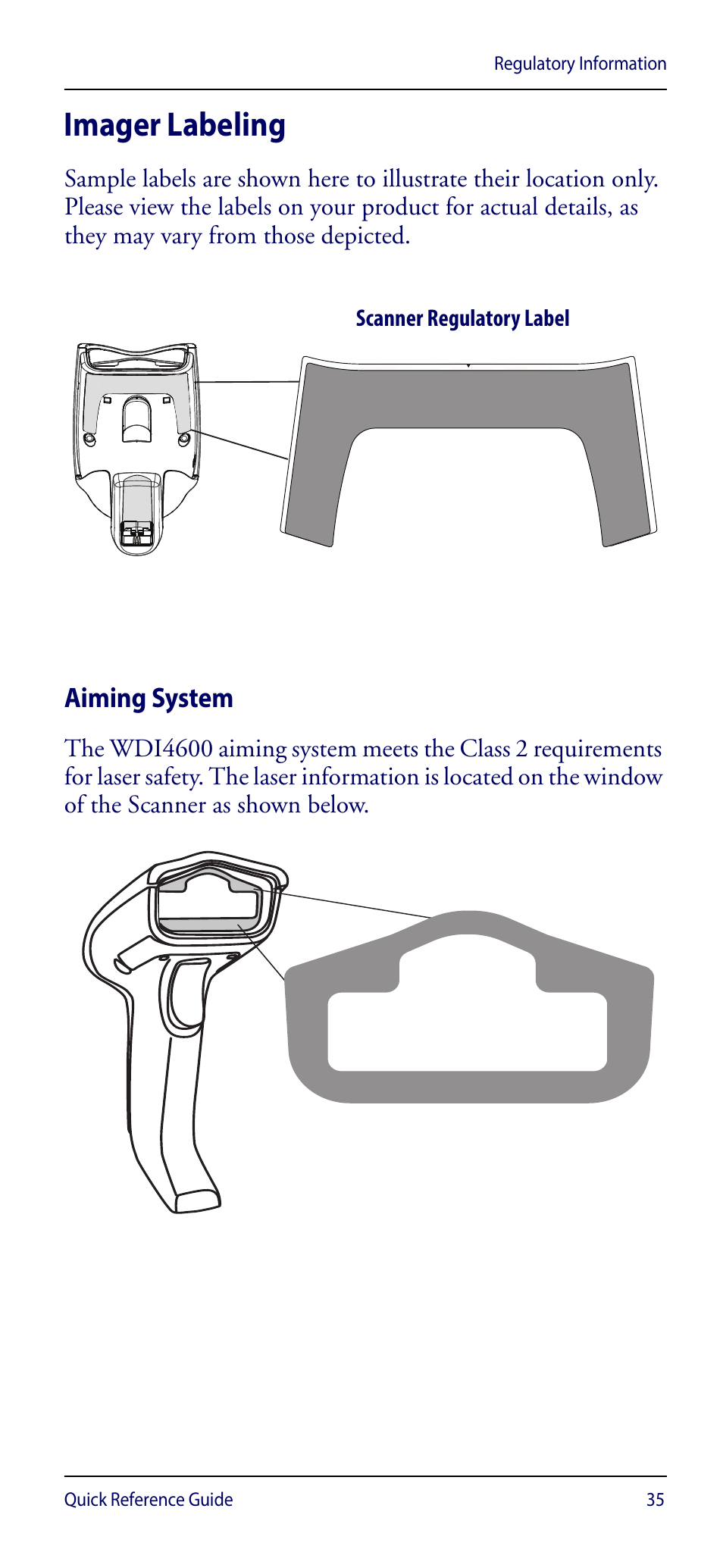 Imager labeling, Aiming system, Scanner regulatory label | Regulatory information quick reference guide 35 | Wasp Barcode WDI4600 2D Quick Reference Guide User Manual | Page 39 / 48