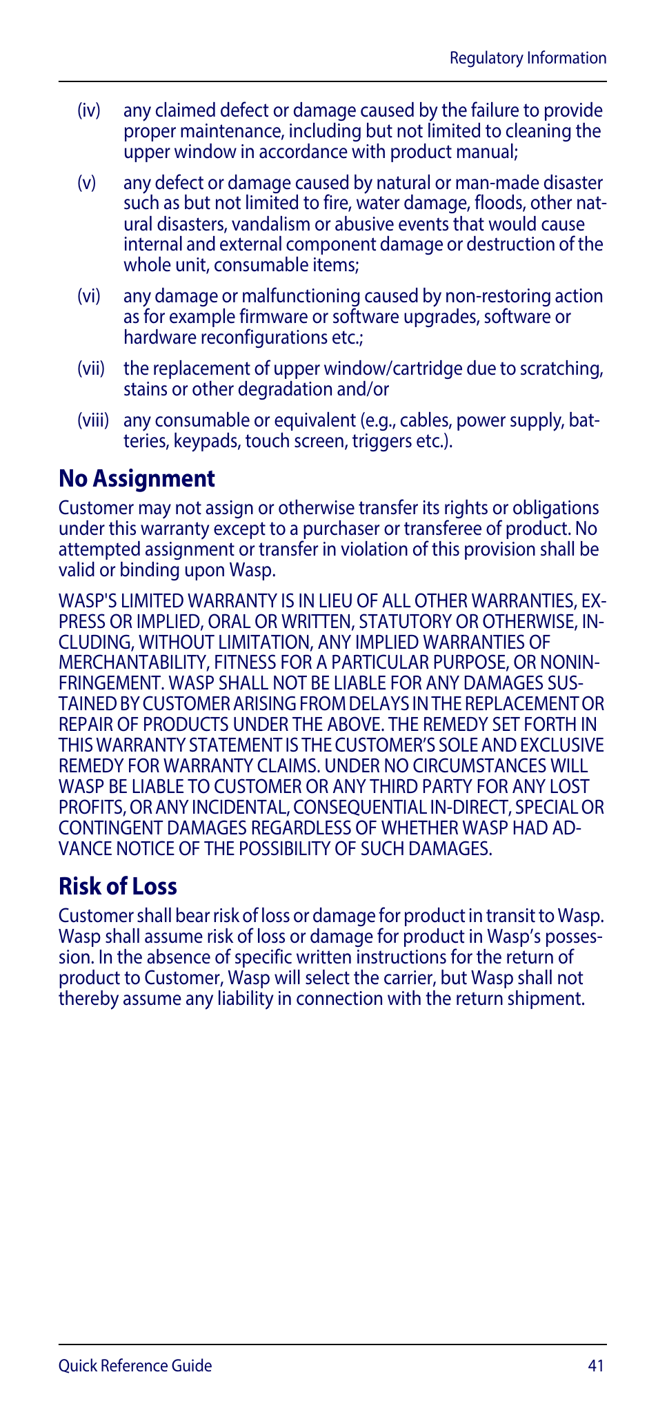 No assignment, Risk of loss | Wasp Barcode WDI4600 2D Quick Reference Guide User Manual | Page 45 / 48