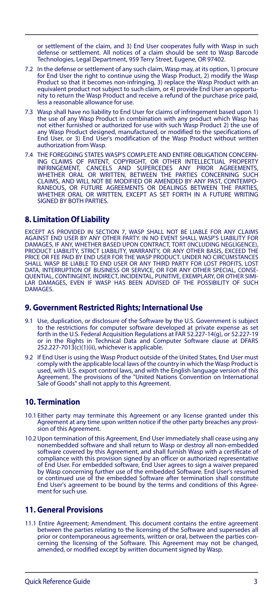 Limitation of liability, Government restricted rights; international use, Termination | General provisions | Wasp Barcode WDI4600 2D Quick Reference Guide User Manual | Page 7 / 48