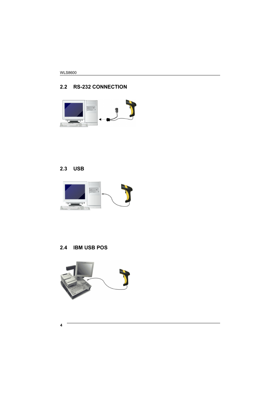 Rs-232 connection, Ibm usb pos, 2 rs-232 connection | 3 usb, 4 ibm usb pos | Wasp Barcode WLS8600 Product Reference Guide User Manual | Page 10 / 144