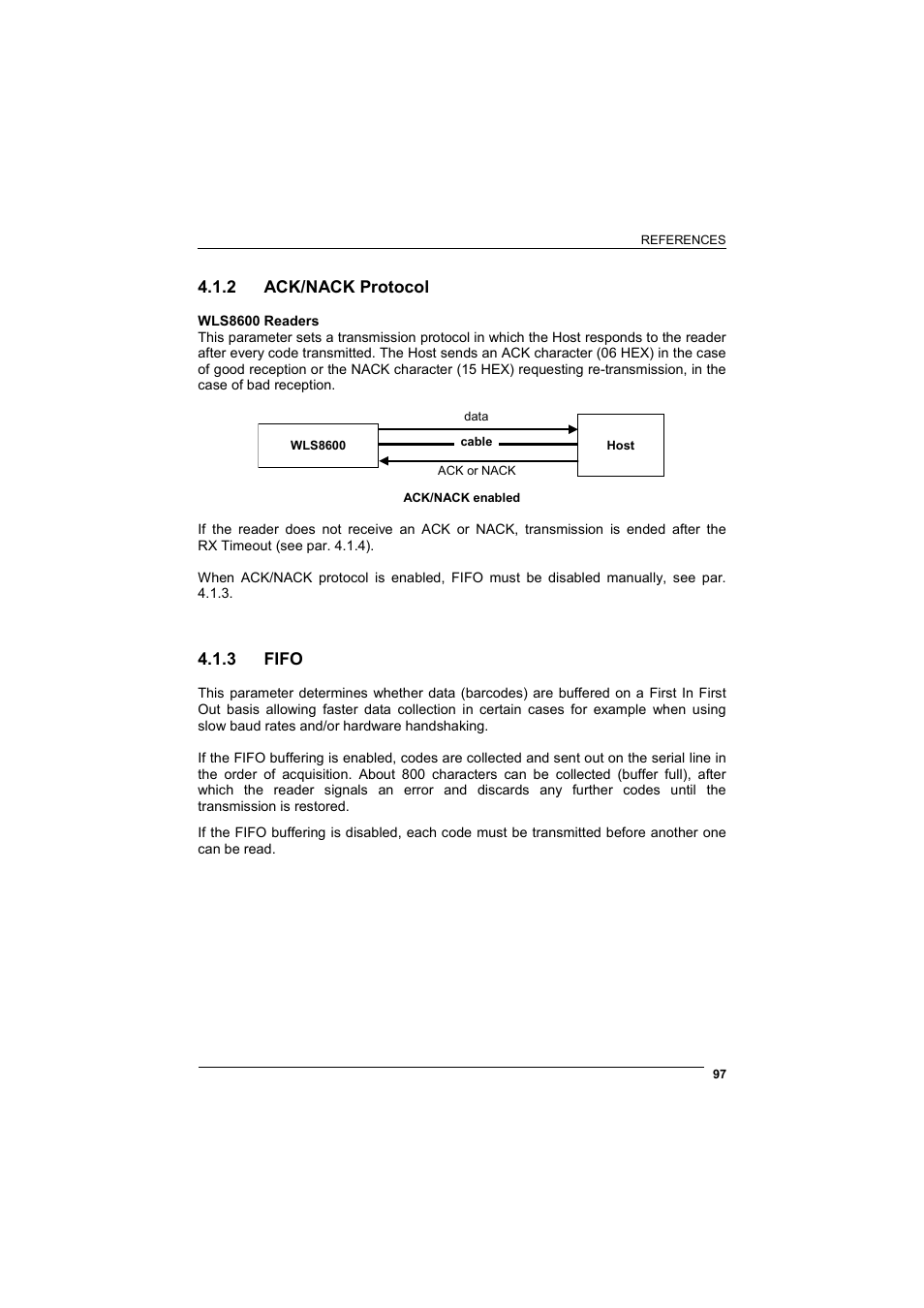 Ack/nack protocol, Fifo, 2 ack/nack protocol | 3 fifo | Wasp Barcode WLS8600 Product Reference Guide User Manual | Page 103 / 144