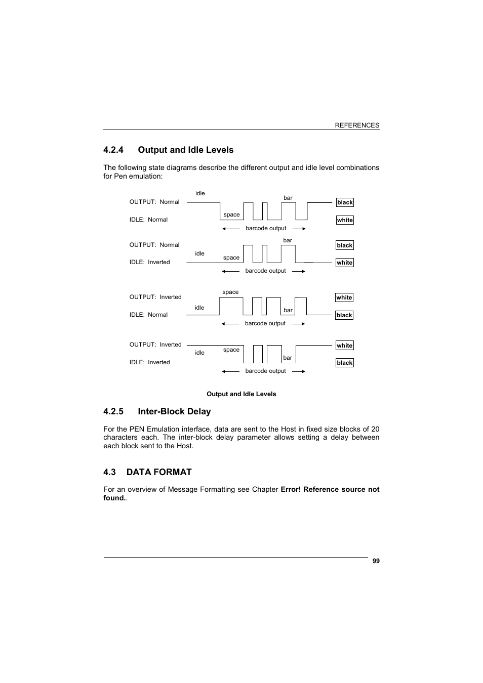 Output and idle levels, Inter-block delay, Data format | 4 output and idle levels, 5 inter-block delay, 3 data format | Wasp Barcode WLS8600 Product Reference Guide User Manual | Page 105 / 144