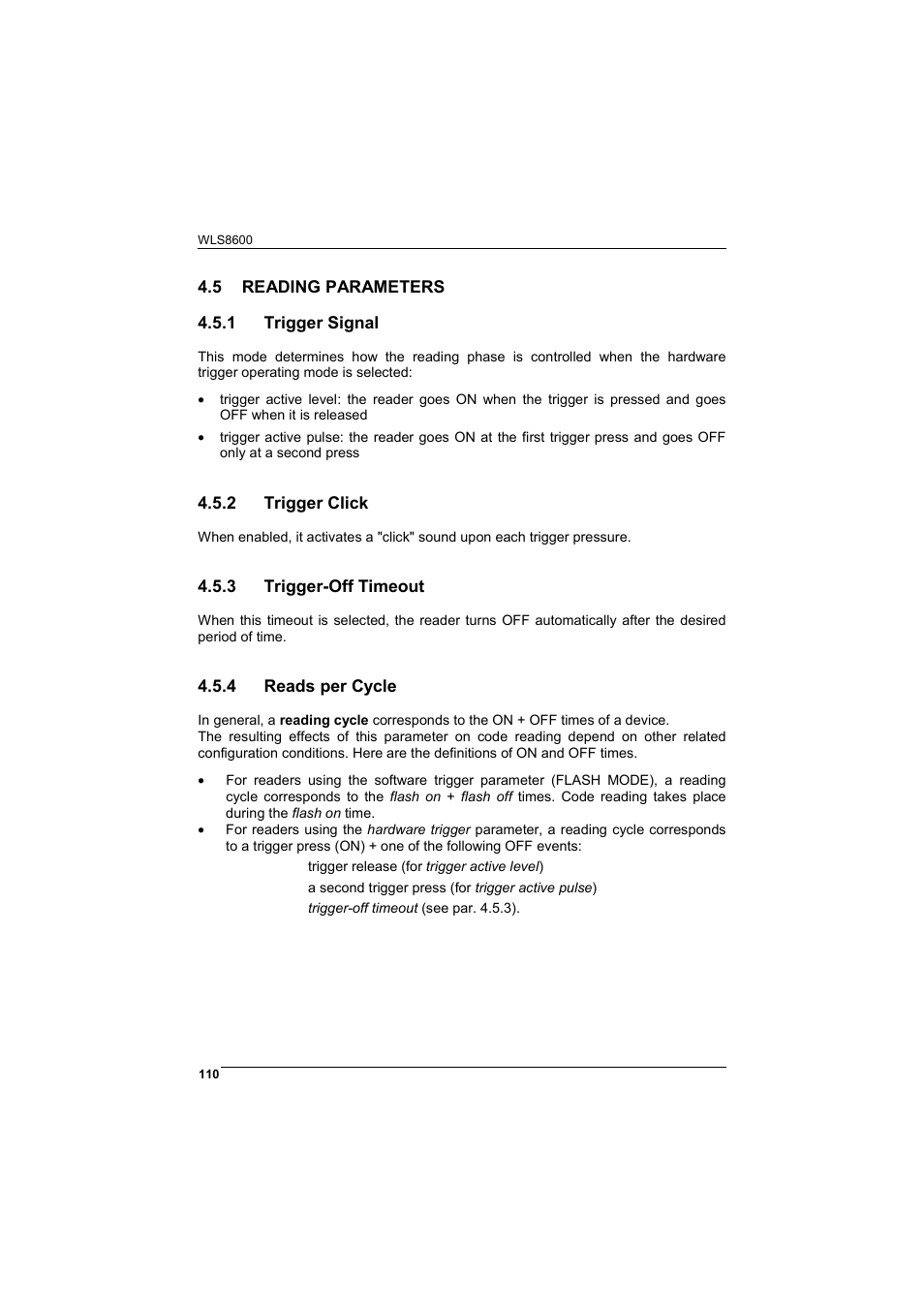 Reading parameters, Trigger signal, Trigger click | Trigger-off timeout, Reads per cycle | Wasp Barcode WLS8600 Product Reference Guide User Manual | Page 116 / 144