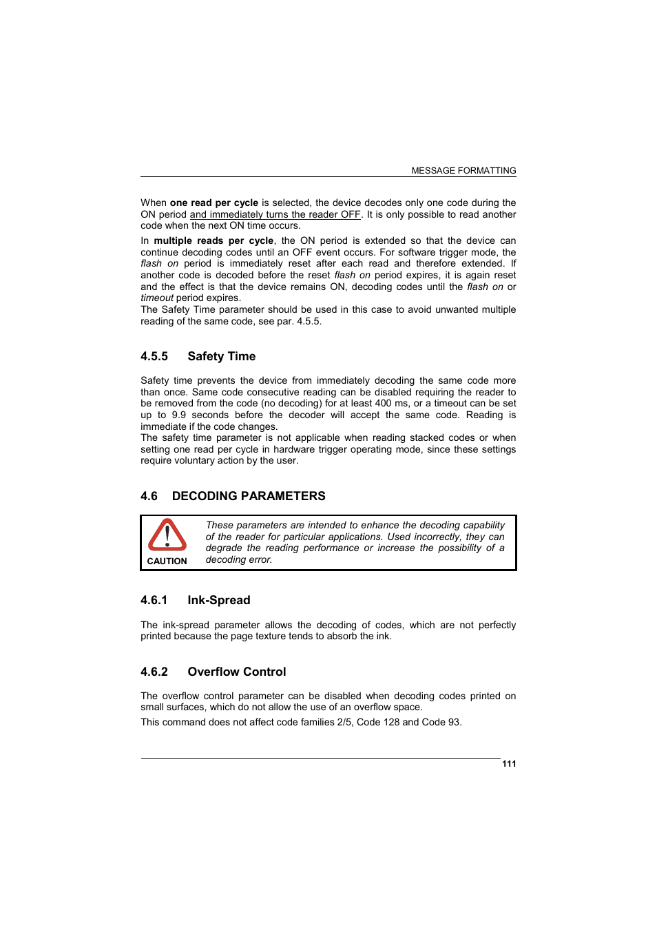 Safety time, Decoding parameters, Ink-spread | Overflow control | Wasp Barcode WLS8600 Product Reference Guide User Manual | Page 117 / 144