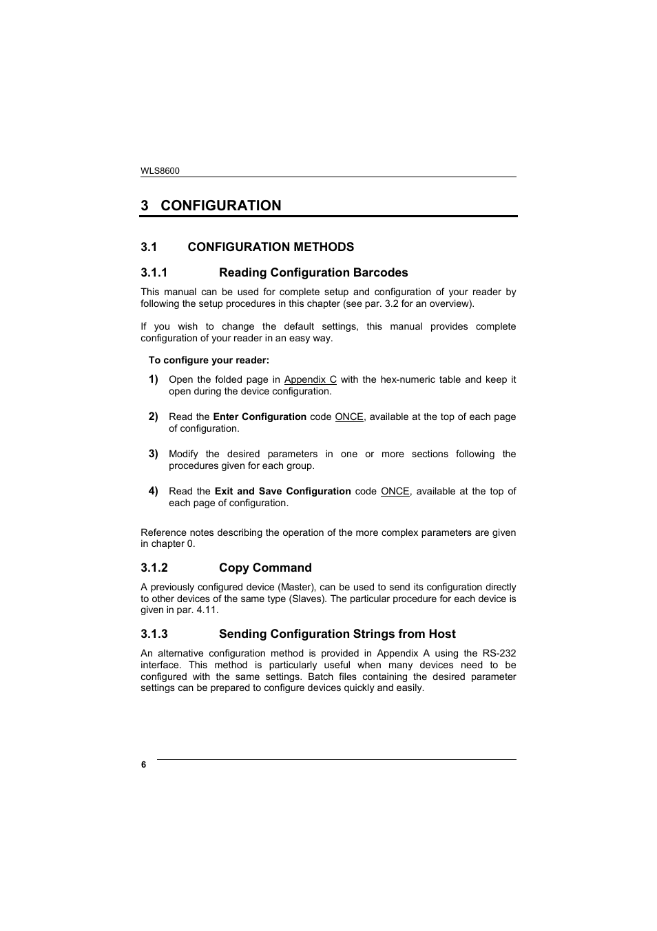 Configuration, Configuration methods, Reading configuration barcodes | Copy command, Sending configuration strings from host, 3 configuration | Wasp Barcode WLS8600 Product Reference Guide User Manual | Page 12 / 144
