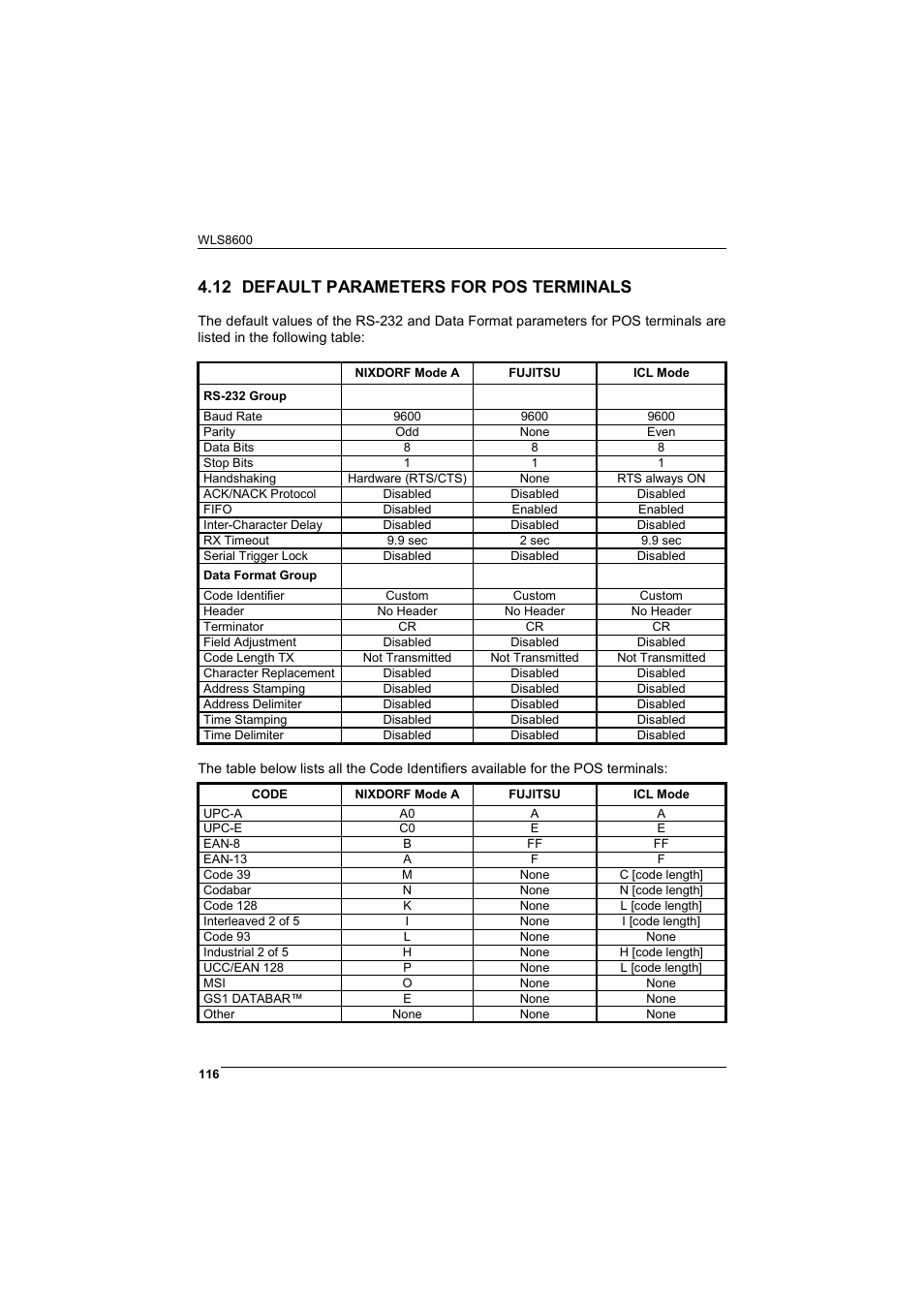 Default parameters for pos terminals, 12 default parameters for pos terminals | Wasp Barcode WLS8600 Product Reference Guide User Manual | Page 122 / 144