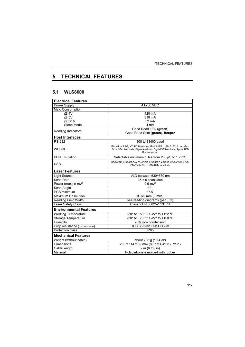 Technical features, Wls8600, 5 technical features | Wasp Barcode WLS8600 Product Reference Guide User Manual | Page 123 / 144