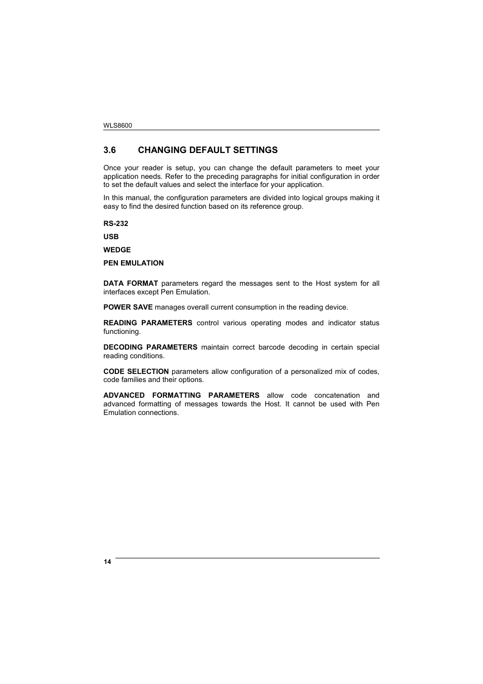 Changing default settings, 6 changing default settings | Wasp Barcode WLS8600 Product Reference Guide User Manual | Page 20 / 144