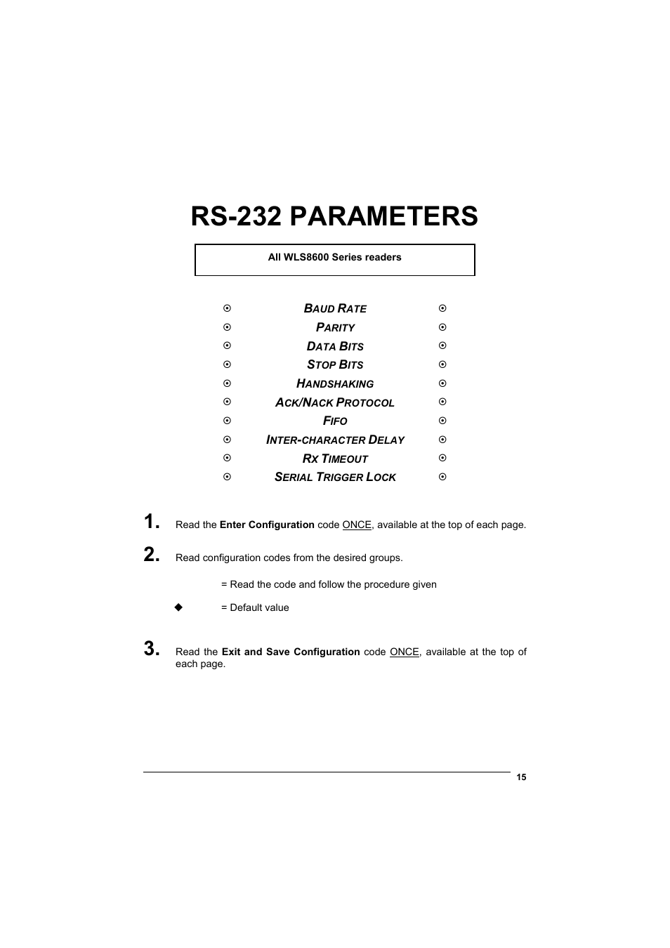 Rs-232 parameters | Wasp Barcode WLS8600 Product Reference Guide User Manual | Page 21 / 144