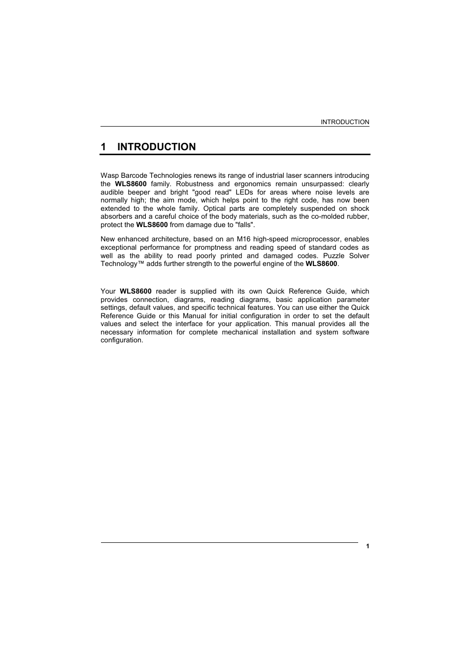 Introduction, 1 introduction | Wasp Barcode WLS8600 Product Reference Guide User Manual | Page 7 / 144