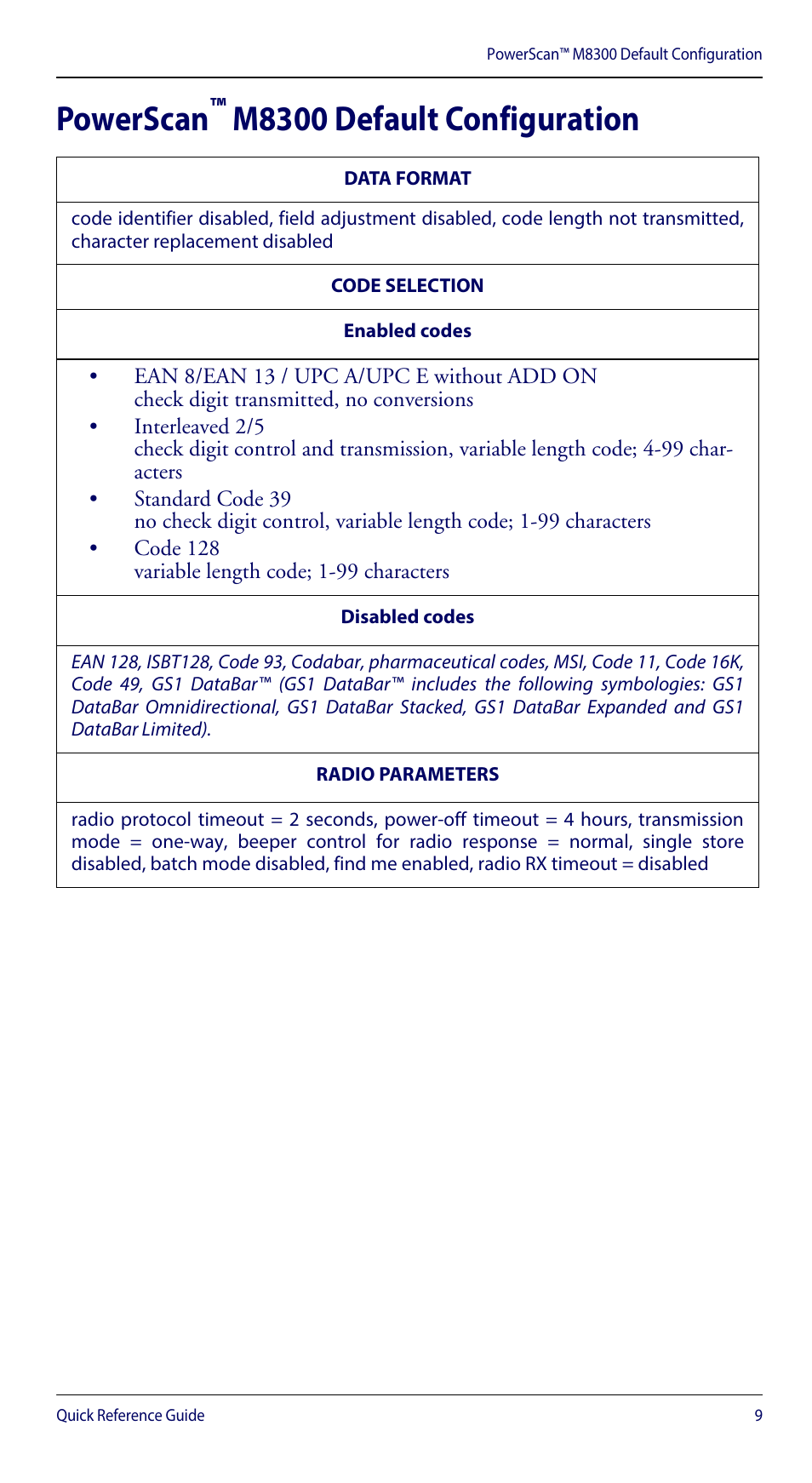 Powerscan™ m8300 default configuration, Powerscan, M8300 default configuration | Wasp Barcode WLS8600 Quick Reference Guide User Manual | Page 13 / 24