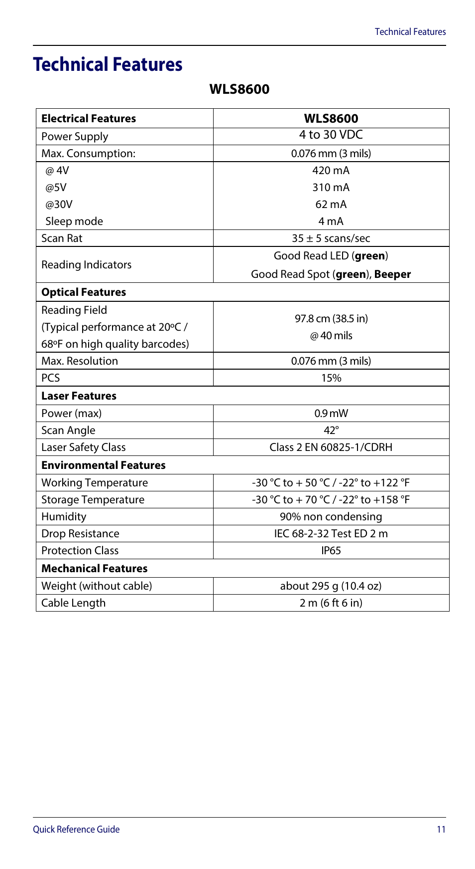 Technical features, Wls8600 | Wasp Barcode WLS8600 Quick Reference Guide User Manual | Page 15 / 24