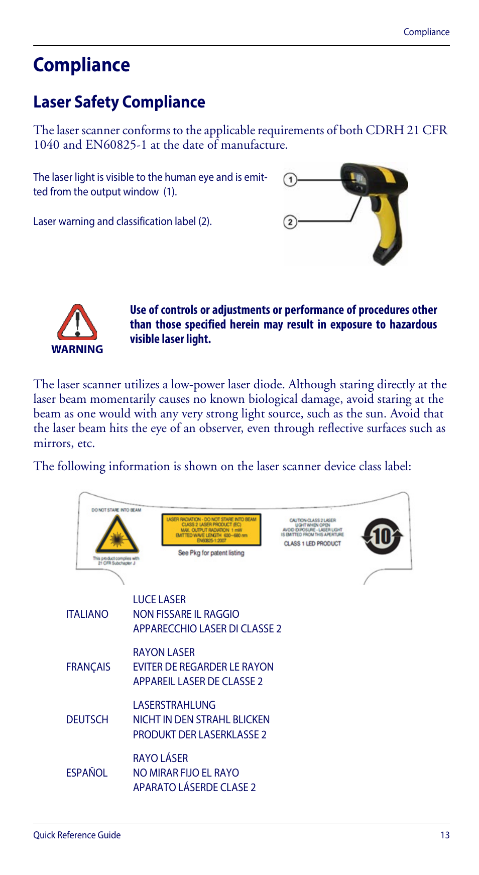 Compliance, Laser safety compliance | Wasp Barcode WLS8600 Quick Reference Guide User Manual | Page 17 / 24