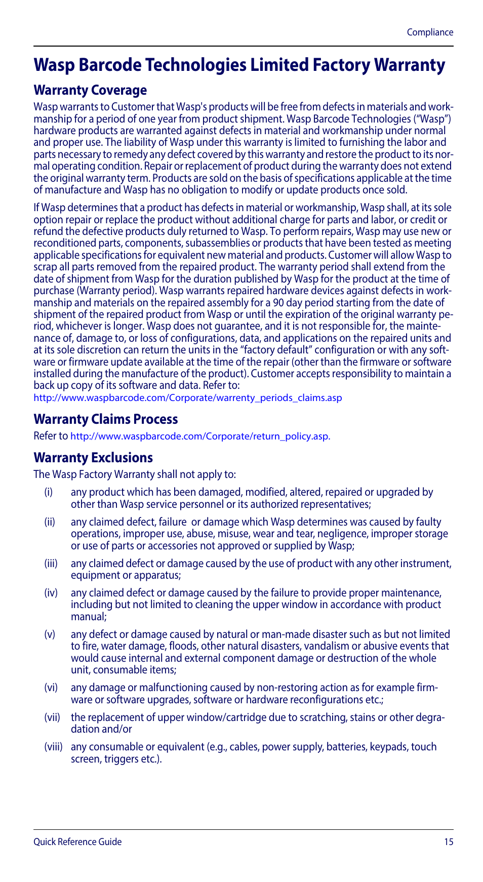 Wasp barcode technologies limited factory warranty, Warranty coverage, Warranty claims process | Warranty exclusions | Wasp Barcode WLS8600 Quick Reference Guide User Manual | Page 19 / 24