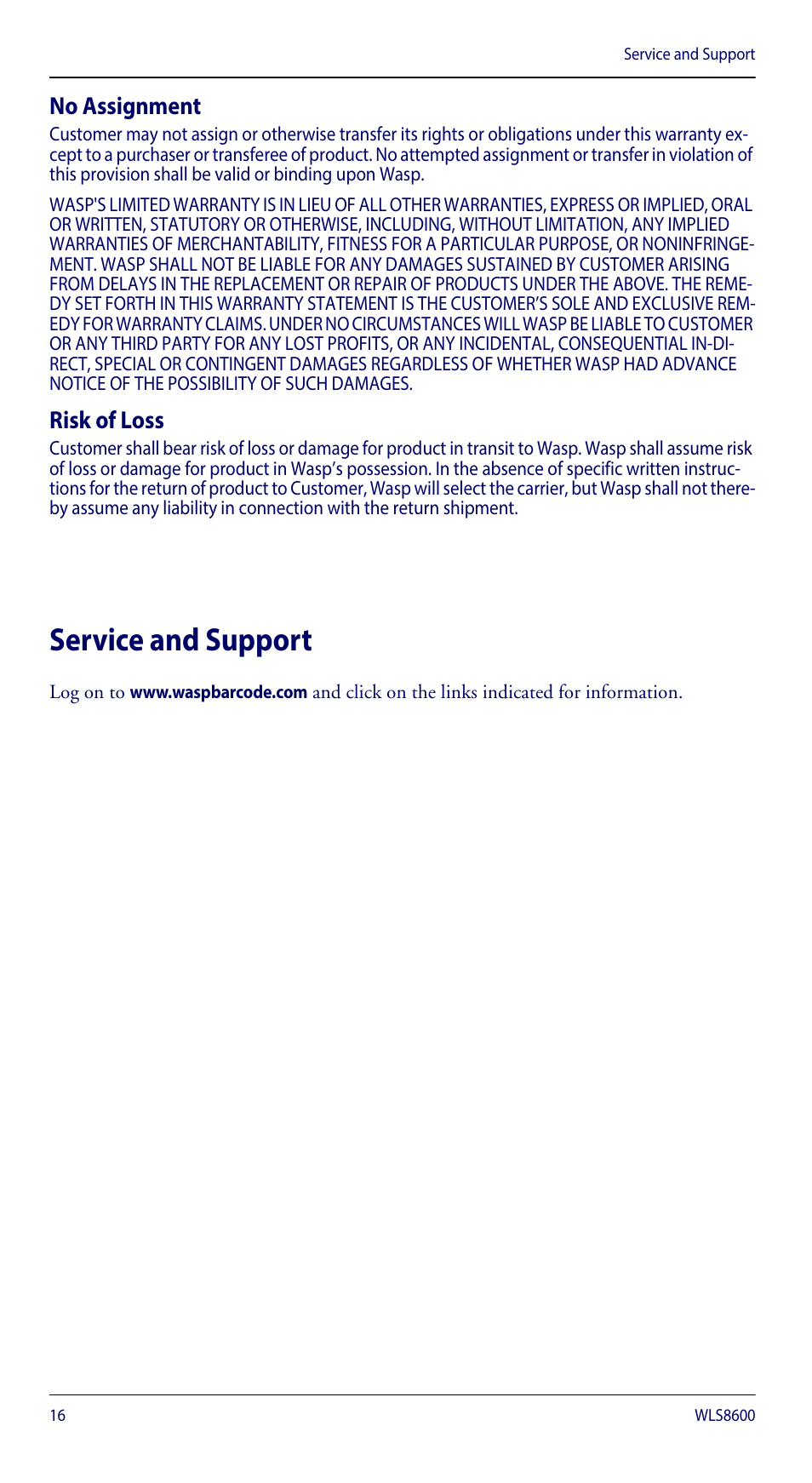 Service and support, No assignment, Risk of loss | Wasp Barcode WLS8600 Quick Reference Guide User Manual | Page 20 / 24