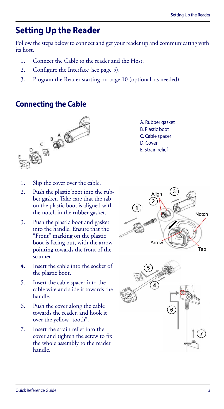 Setting up the reader, Connecting the cable | Wasp Barcode WLS8600 Quick Reference Guide User Manual | Page 7 / 24