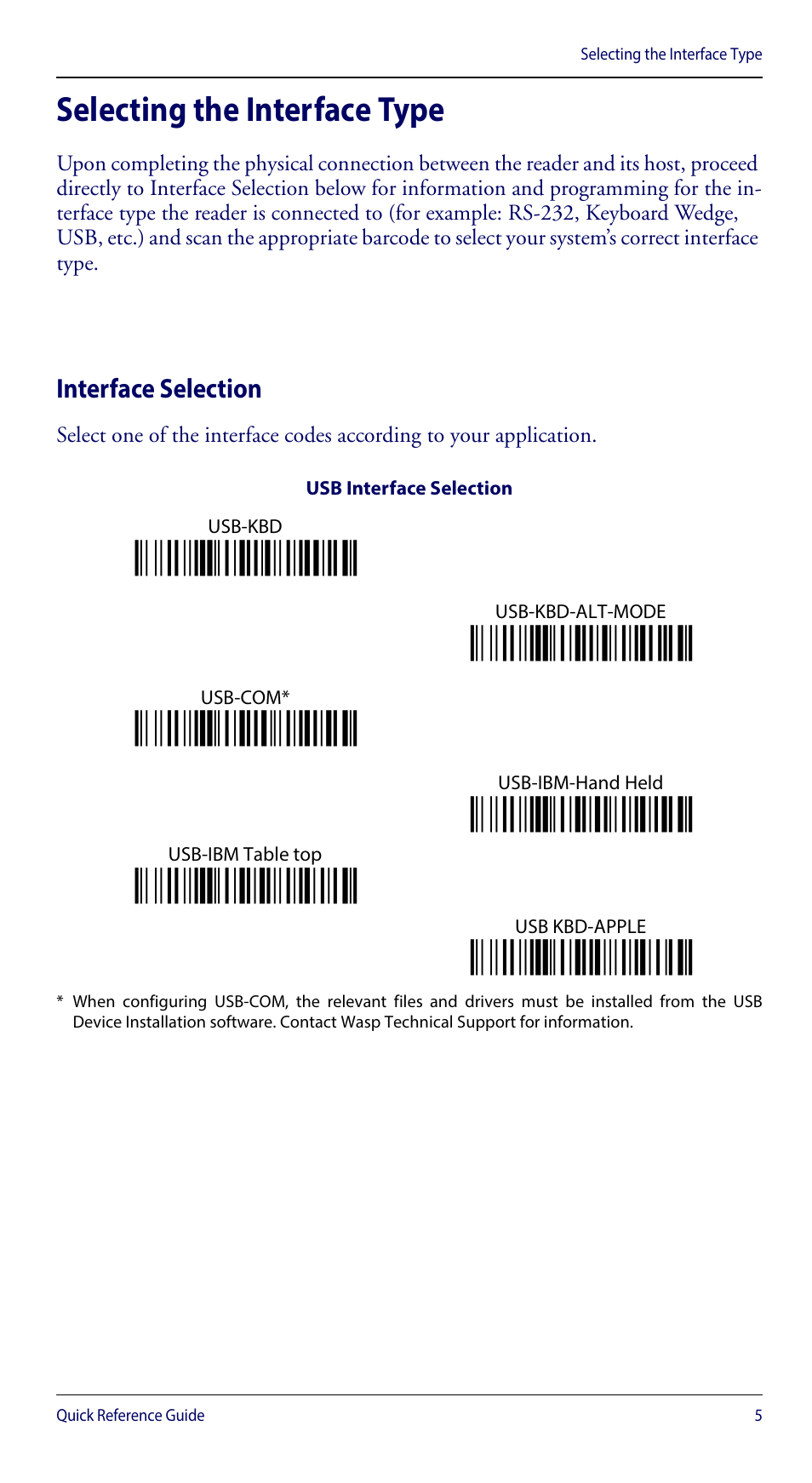 Selecting the interface type, Interface selection, Ì$+ua03$-:î | Ì$+ua04$-@î, Ì$+ua02$-4î, Ì$+ua01$-.î, Ì$+ua00$-(î, Ì$+ua05$-fо | Wasp Barcode WLS8600 Quick Reference Guide User Manual | Page 9 / 24