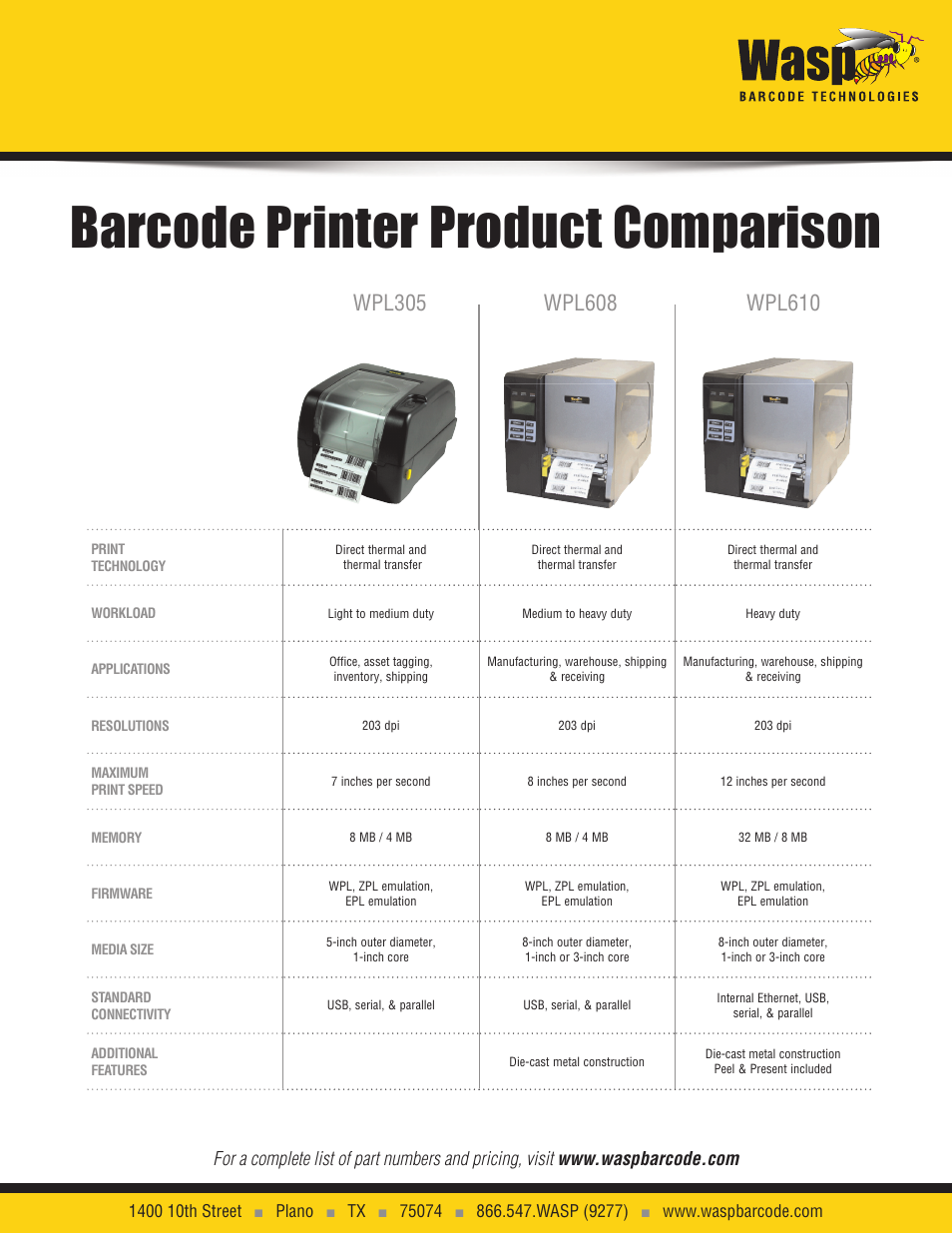 Barcode printer product comparison | Wasp Barcode WHC25 User Manual | Page 2 / 2