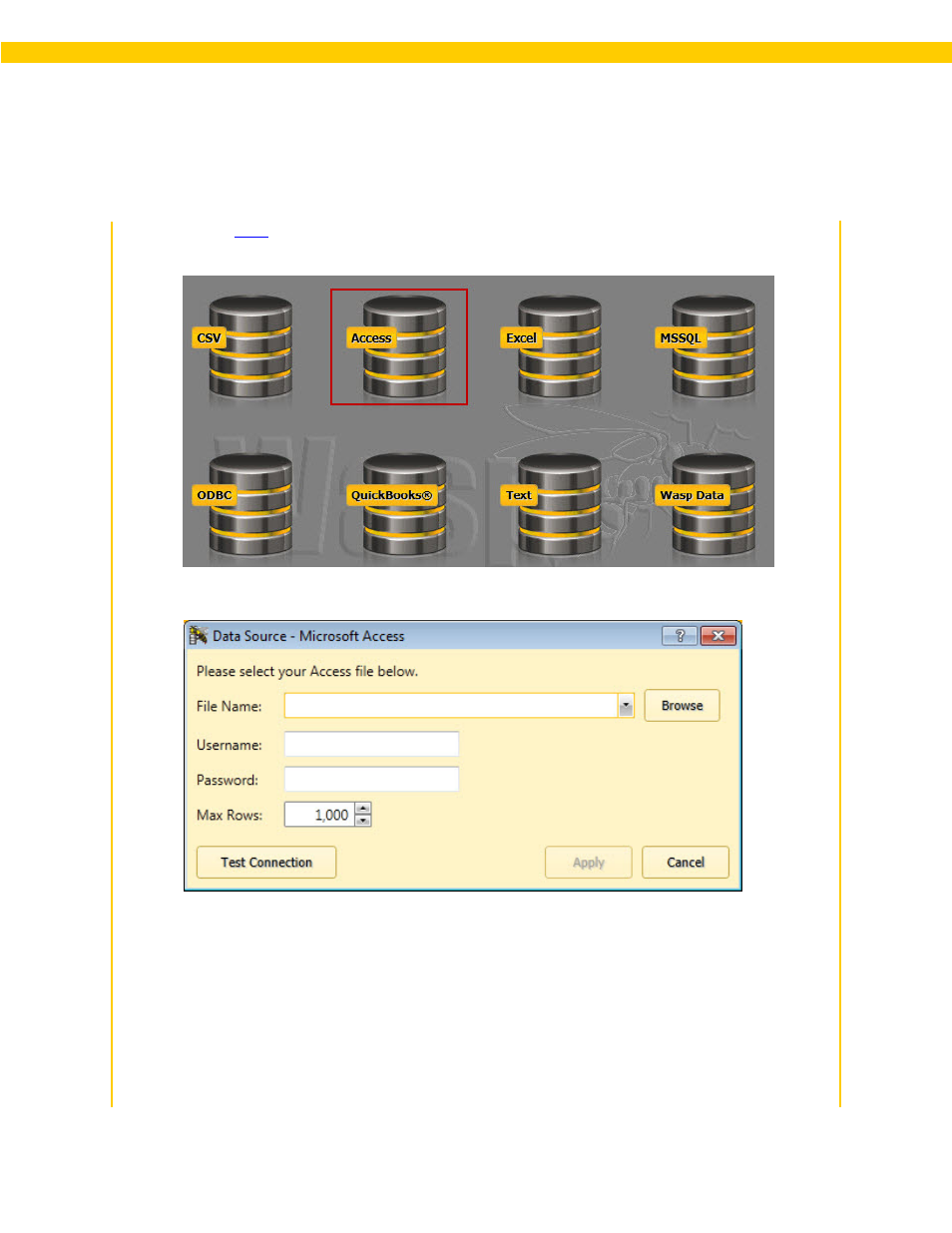3 connecting to a microsoft access database, Access database | Wasp Barcode WaspLabeler +2D User Manual User Manual | Page 145 / 205