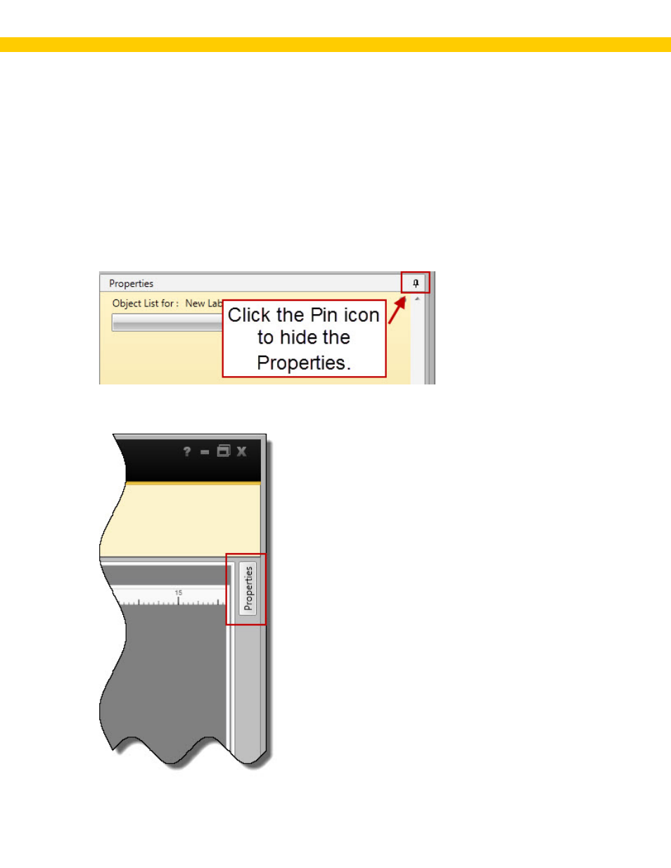 5 section e: properties box, Hide/show the properties box, Properties box | Hide the properties | Wasp Barcode WaspLabeler +2D User Manual User Manual | Page 15 / 205