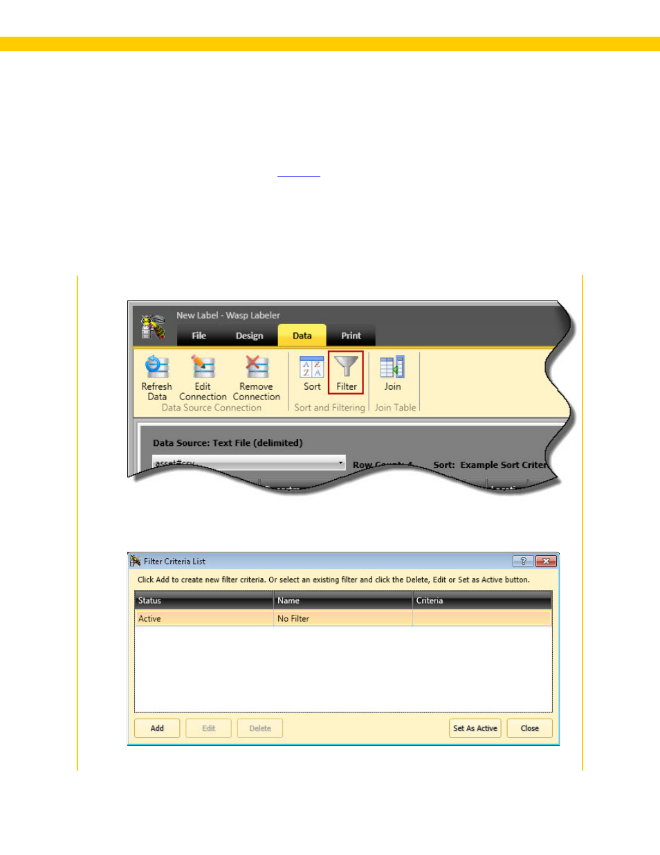 11 filter the data source content, 1 creating a filter, Filter the data source content | Filter the data | Wasp Barcode WaspLabeler +2D User Manual User Manual | Page 166 / 205