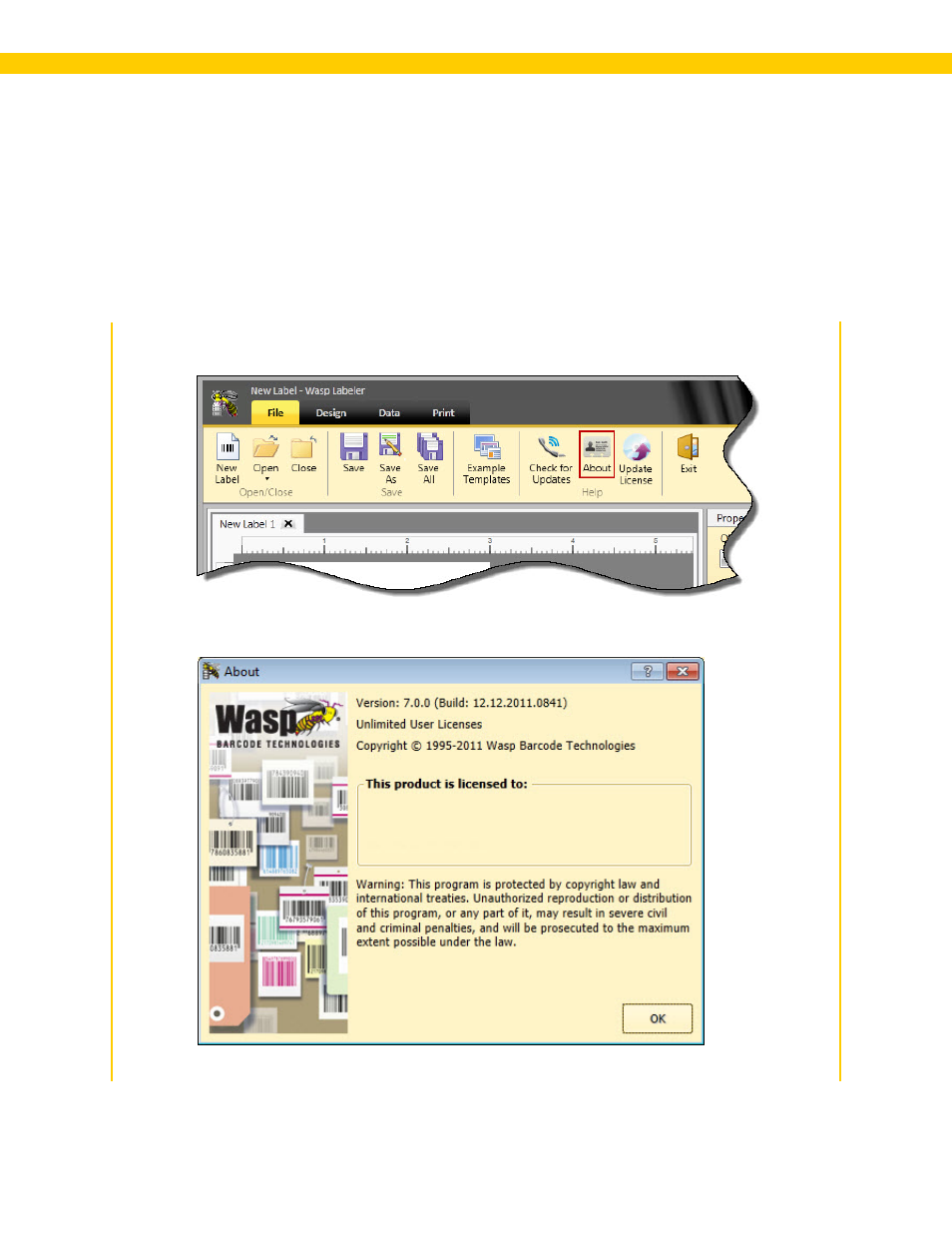 Chapter 8 - about screen, 1 using/viewing the about screen, About | About screen | Wasp Barcode WaspLabeler +2D User Manual User Manual | Page 202 / 205