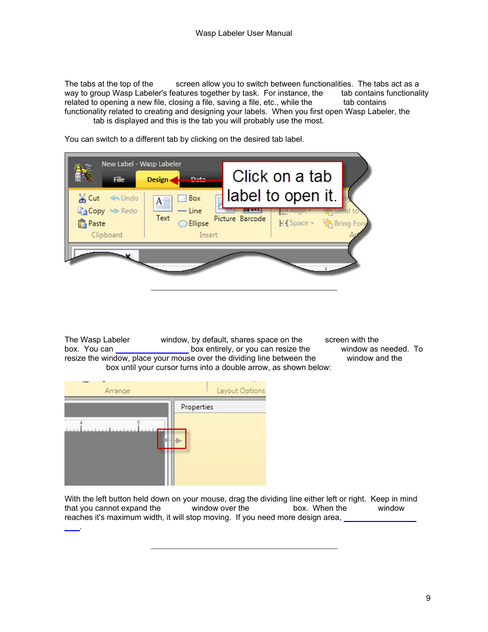 3 section c: icon toolbar, 4 section d: design window, Icon toolbar | Design window | Wasp Barcode WaspLabeler +2D Getting Started User Manual | Page 10 / 51