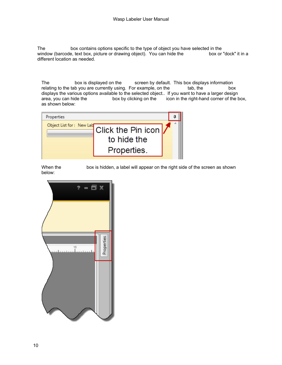 5 section e: properties box, Properties box, Hide/show the properties box | Hide the properties | Wasp Barcode WaspLabeler +2D Getting Started User Manual | Page 11 / 51
