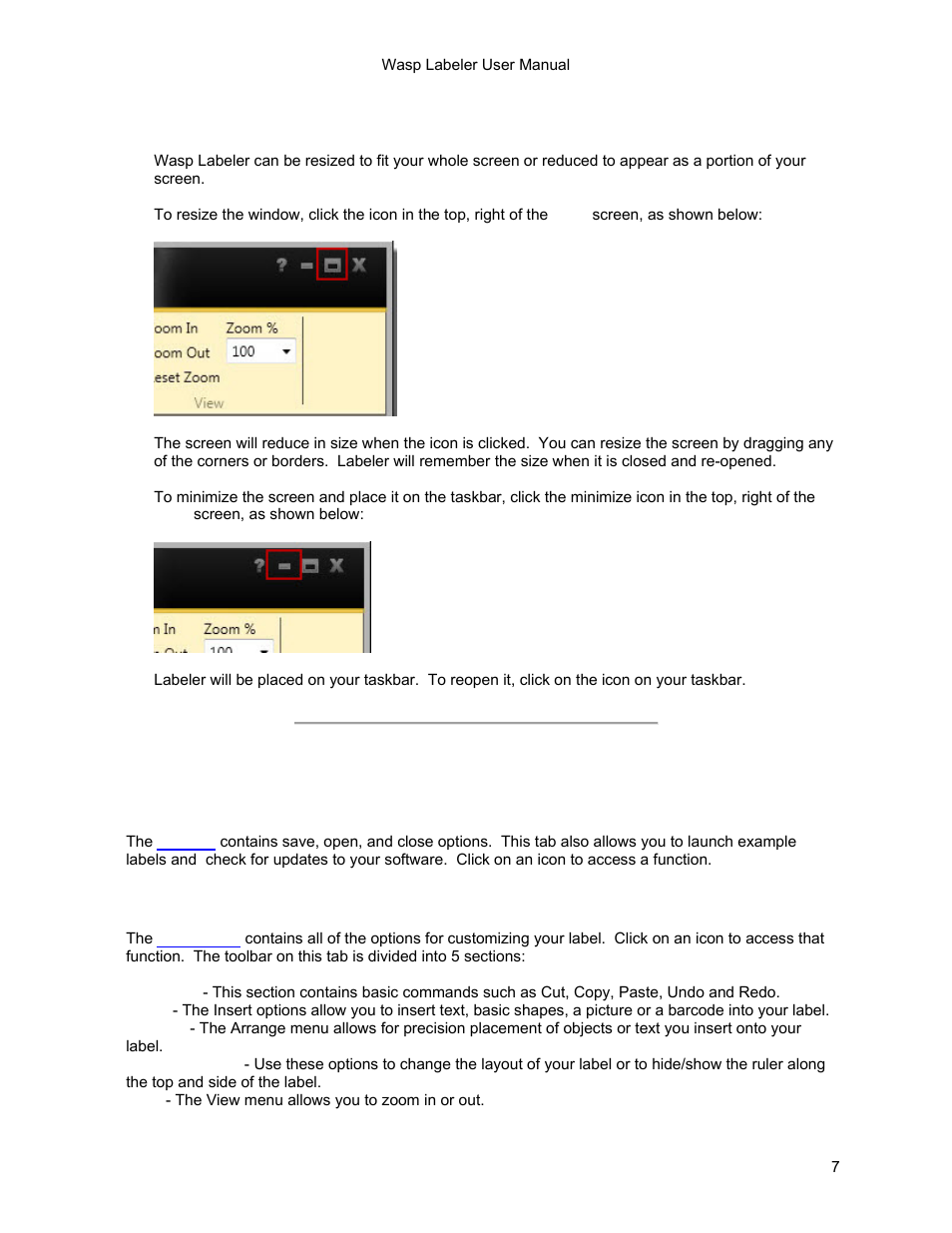 2 section b: tabs, Resizing/minimizing wasp labeler, Tabs | Wasp Barcode WaspLabeler +2D Getting Started User Manual | Page 8 / 51