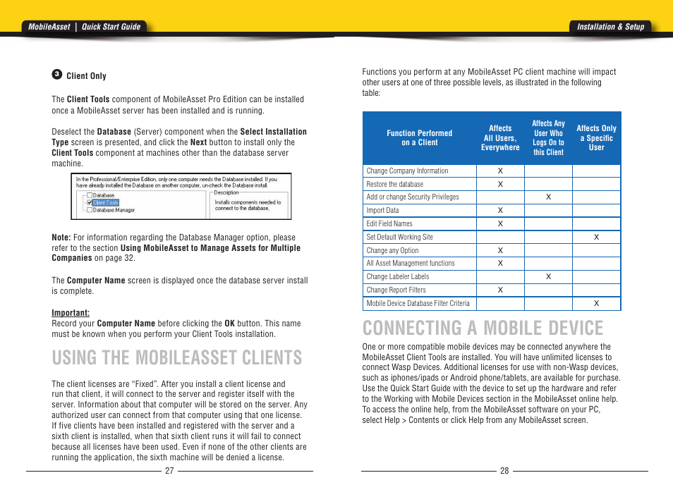 Connecting a mobile device, Using the mobileasset clients | Wasp Barcode MobileAsset User Manual | Page 16 / 21