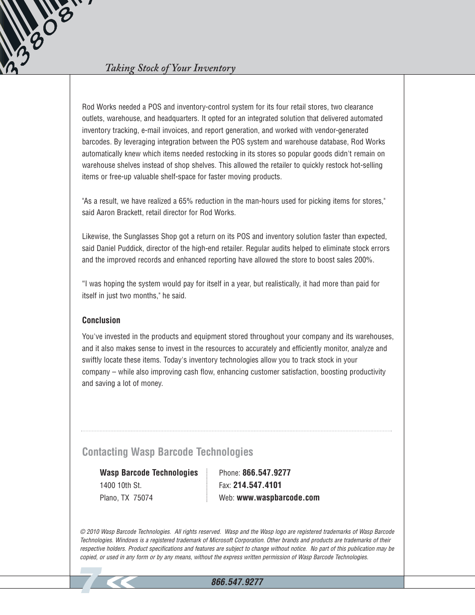 Inventorycontrolwhitepaper0810_8, Taking stock of your inventory, Contacting wasp barcode technologies | Wasp Barcode Inventory Management White Paper User Manual | Page 8 / 8