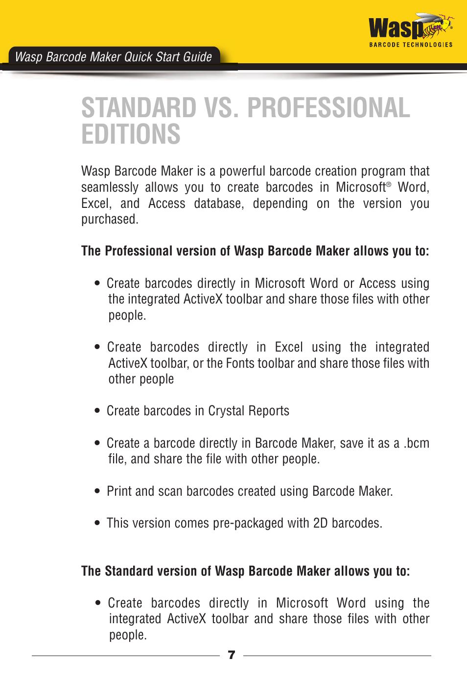 Standard vs. professional editions, Wasp barcode maker quick start guide | Wasp Barcode Maker User Manual | Page 8 / 22