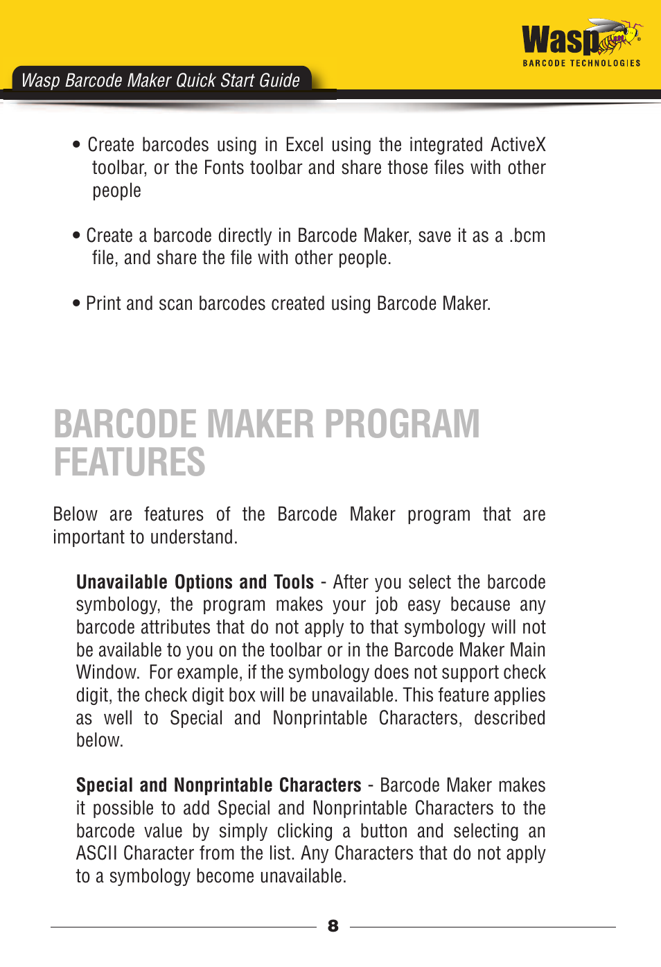 Barcode maker program features, Wasp barcode maker quick start guide | Wasp Barcode Maker User Manual | Page 9 / 22