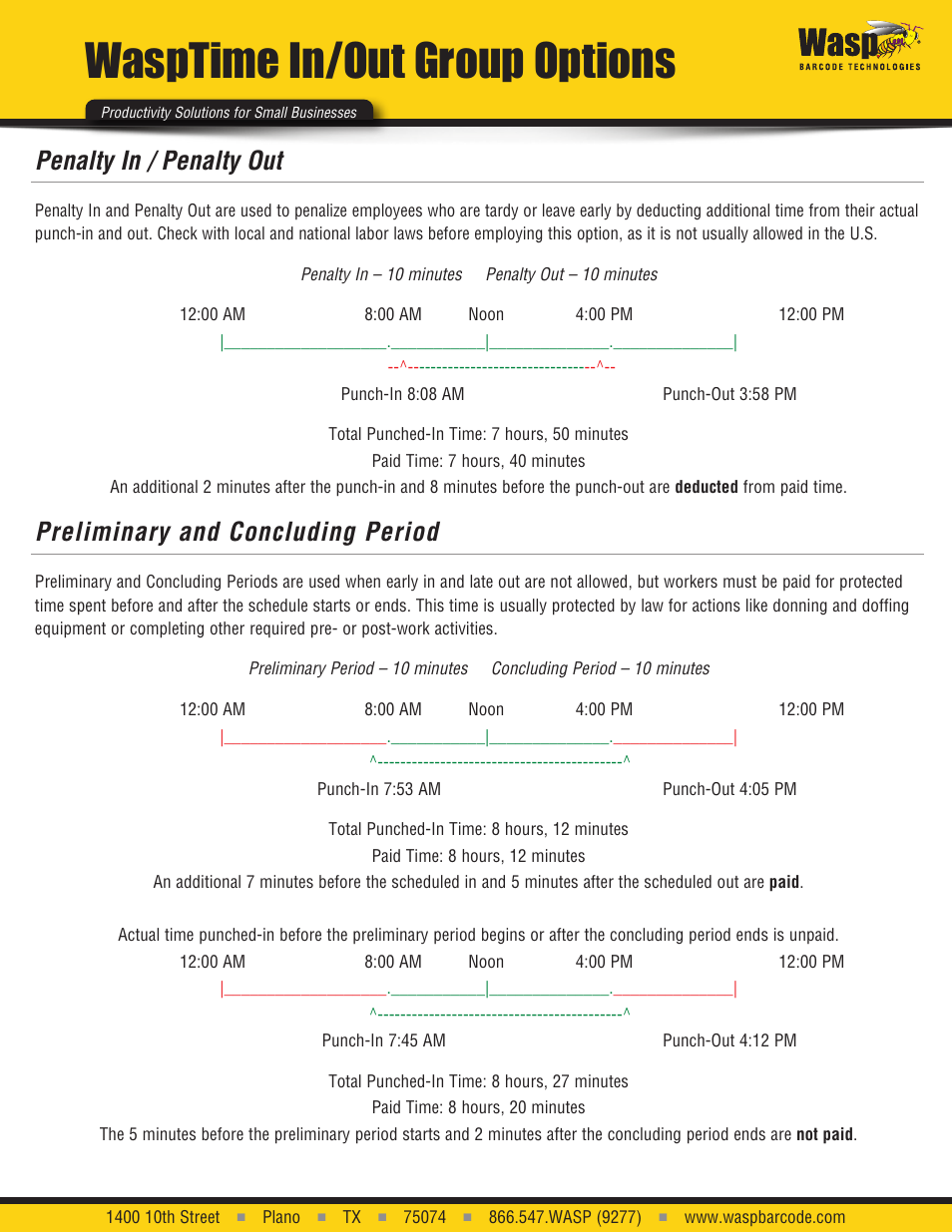 Wasptime in/out group options, Penalty in / penalty out, Preliminary and concluding period | Wasp Barcode WaspTime In/Out Group User Manual | Page 4 / 4