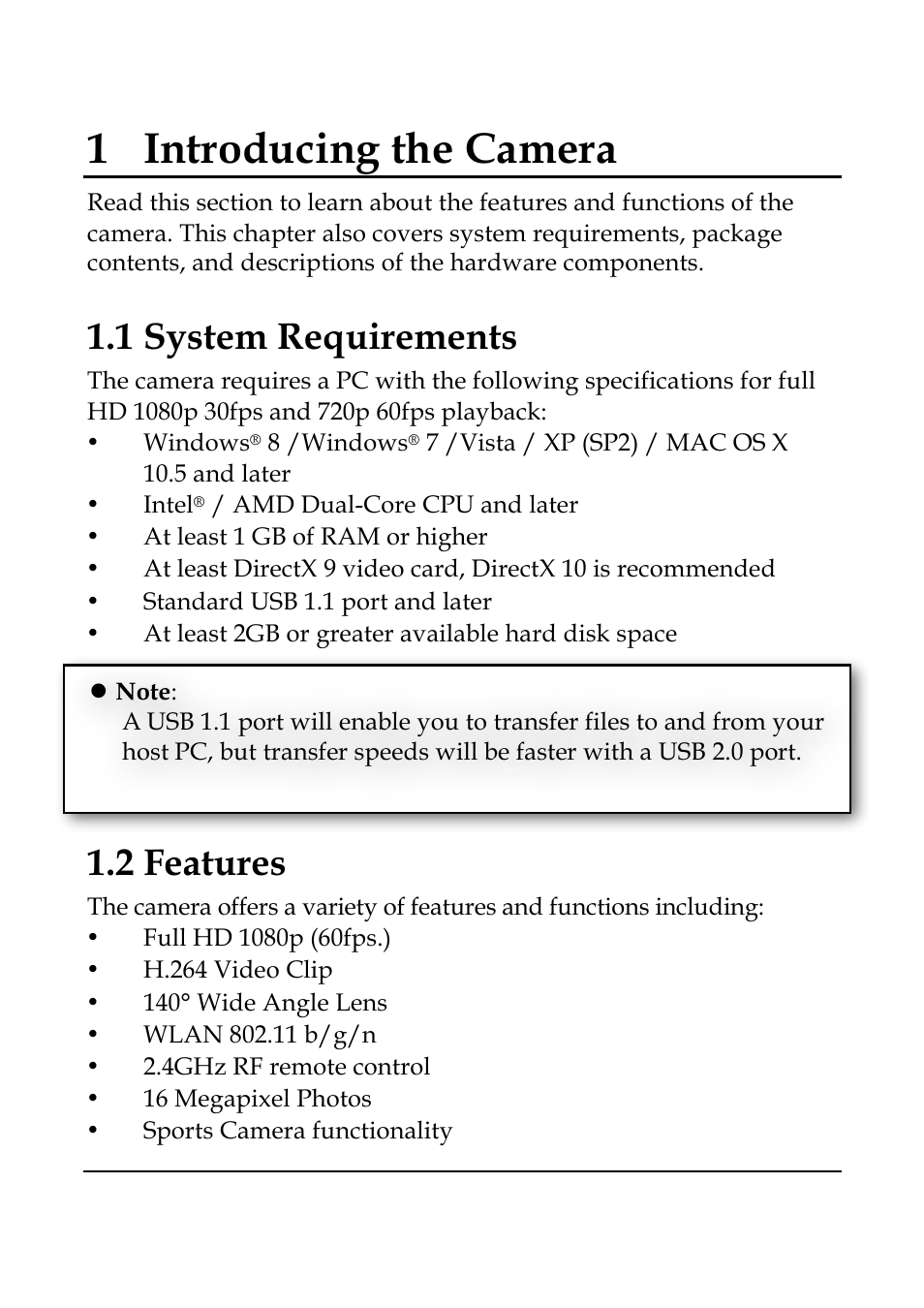 1introducing the camera, 1 system requirements, 2 features | WASPcam GIDEON HD Action Camera User Manual | Page 12 / 69