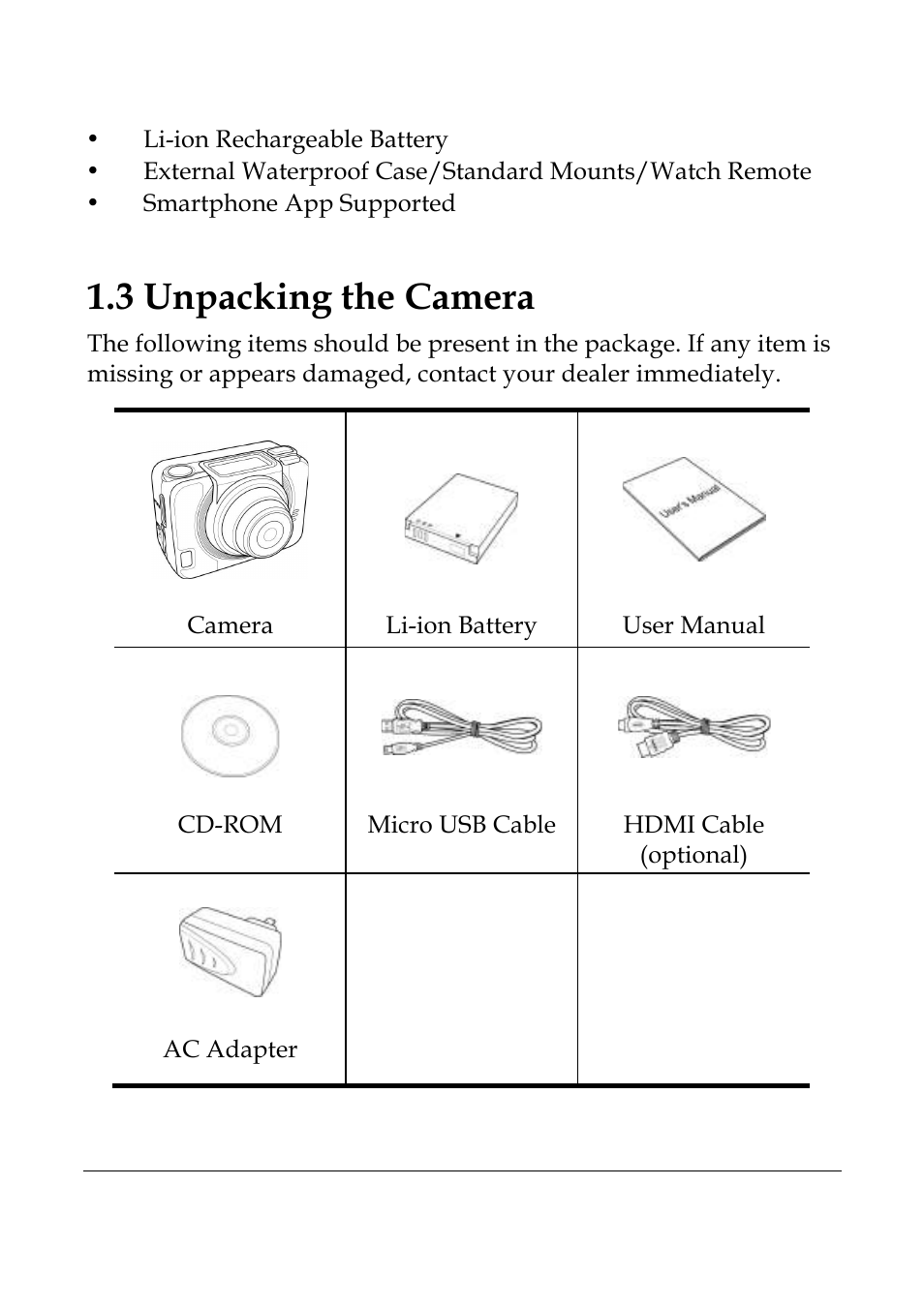 3 unpacking the camera | WASPcam GIDEON HD Action Camera User Manual | Page 13 / 69