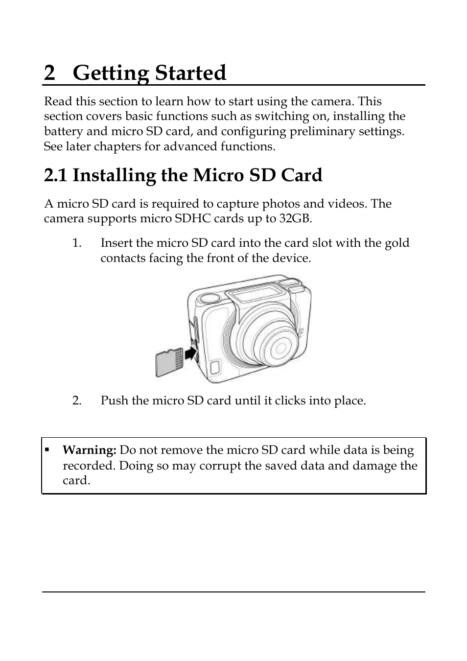 2getting started, 1 installing the micro sd card | WASPcam GIDEON HD Action Camera User Manual | Page 18 / 69