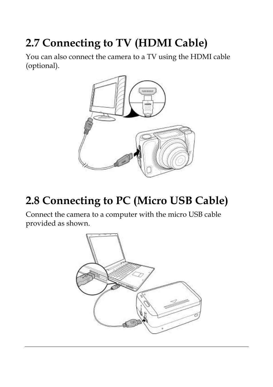 7 connecting to tv (hdmi cable), 8 connecting to pc (micro usb cable) | WASPcam GIDEON HD Action Camera User Manual | Page 27 / 69