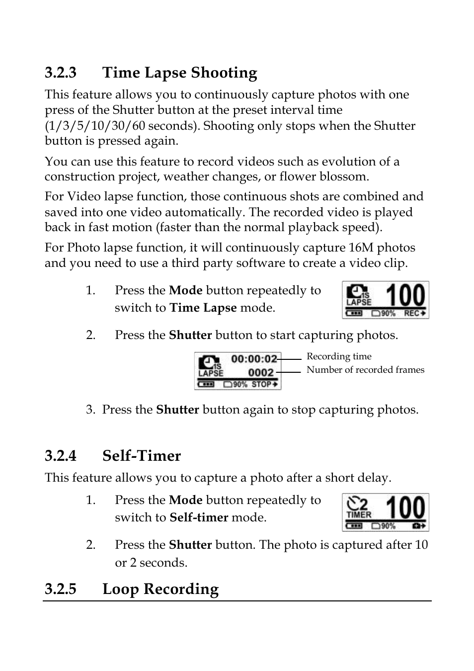 3 time lapse shooting, 4 self-timer, 5 loop recording | WASPcam GIDEON HD Action Camera User Manual | Page 30 / 69