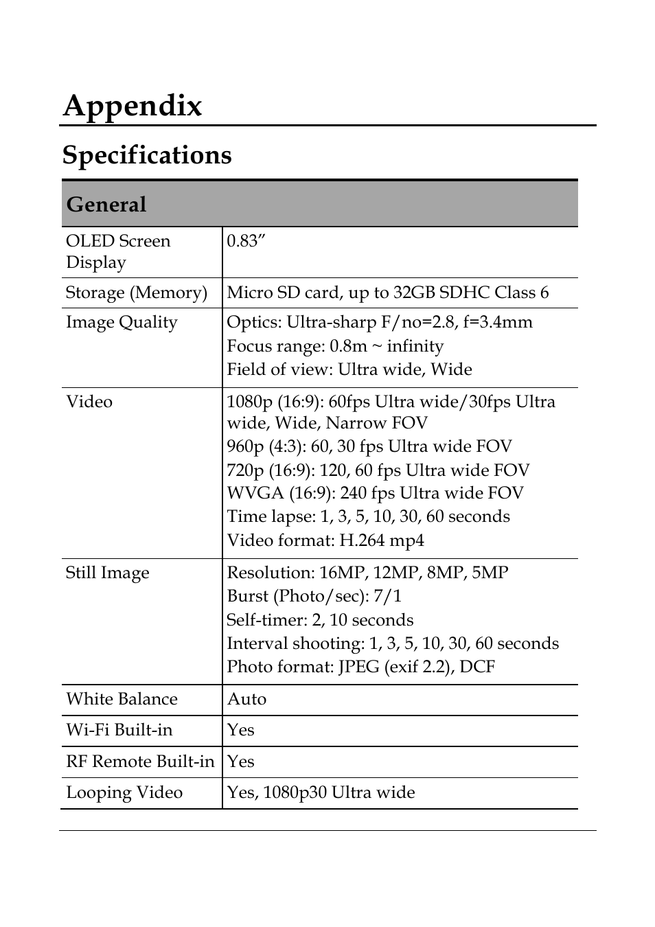 Appendix, Specifications, General | WASPcam GIDEON HD Action Camera User Manual | Page 65 / 69