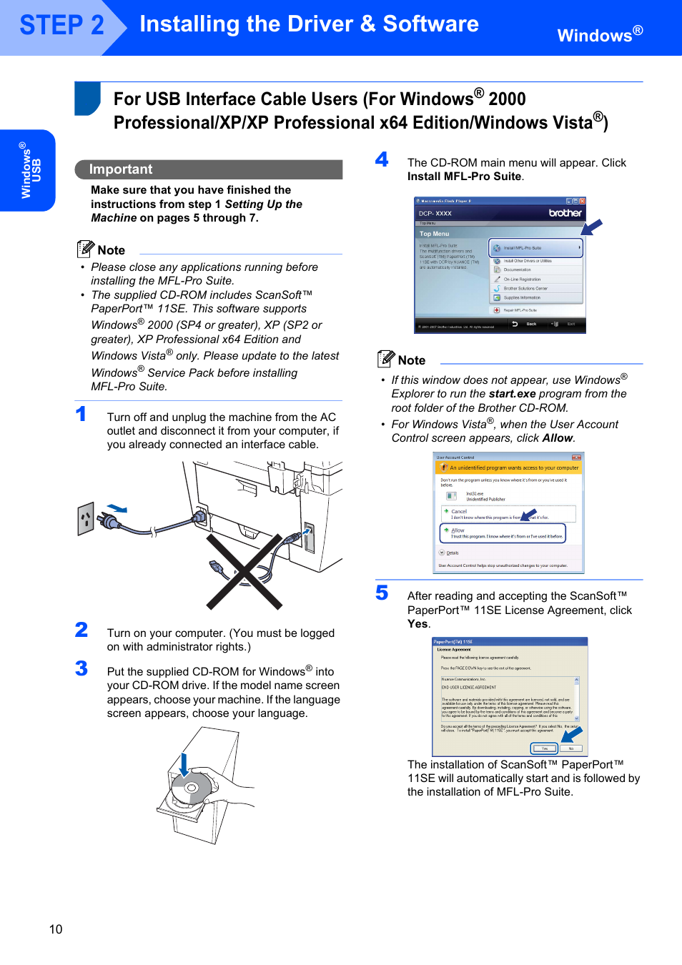 Windows, Step 2, Installing the driver & software | For usb interface cable users (for windows, Important | Brother DCP-7030 User Manual | Page 12 / 19