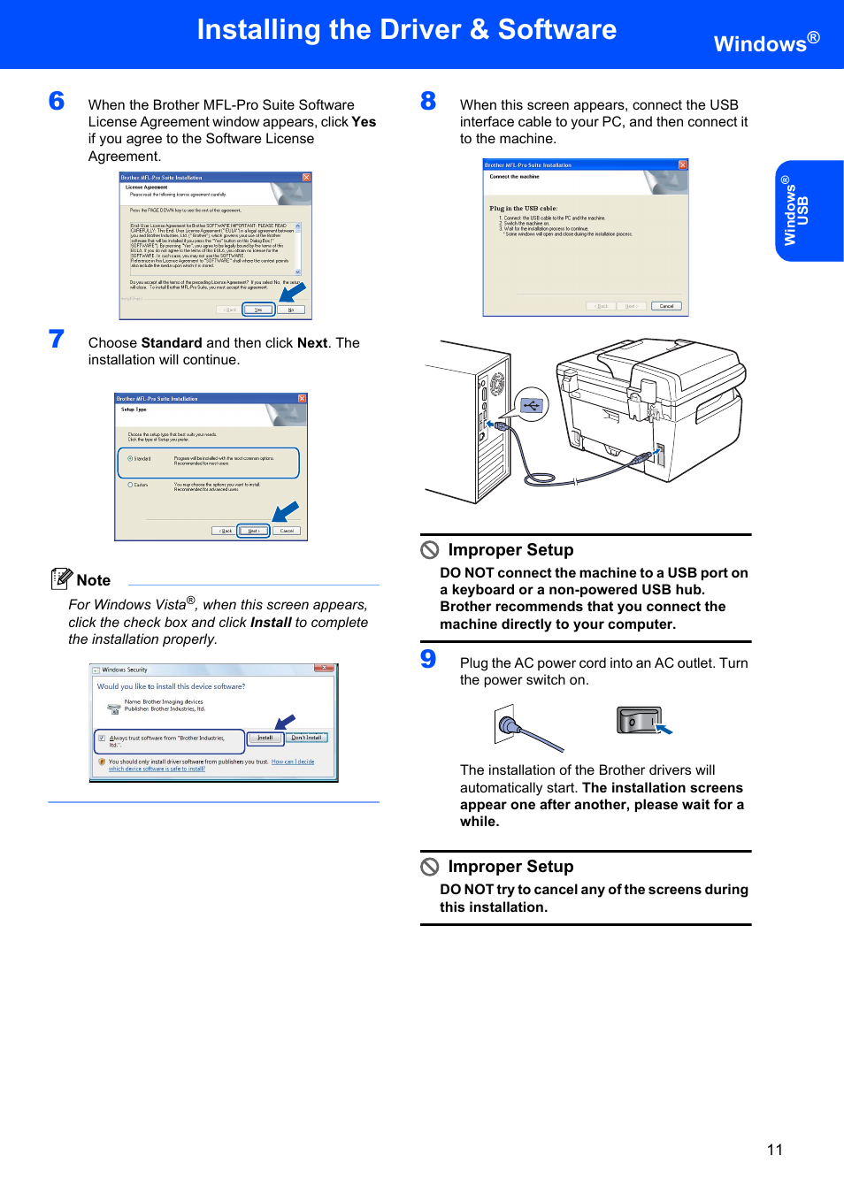 Installing the driver & software, Windows, Improper setup | Brother DCP-7030 User Manual | Page 13 / 19
