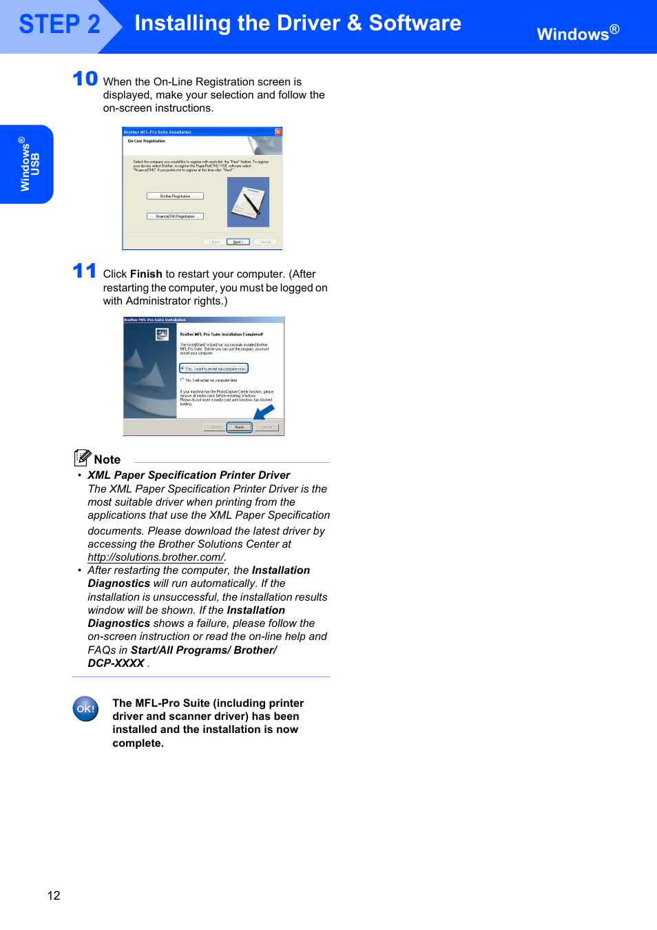 Step 2, Installing the driver & software, Windows | Brother DCP-7030 User Manual | Page 14 / 19