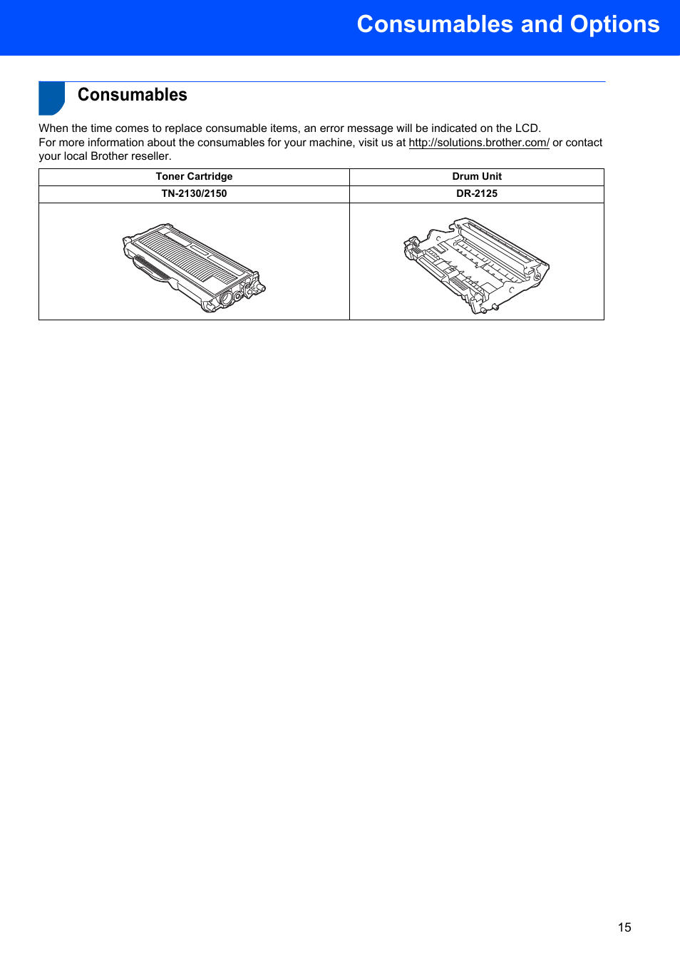 Consumables and options, Consumables | Brother DCP-7030 User Manual | Page 17 / 19