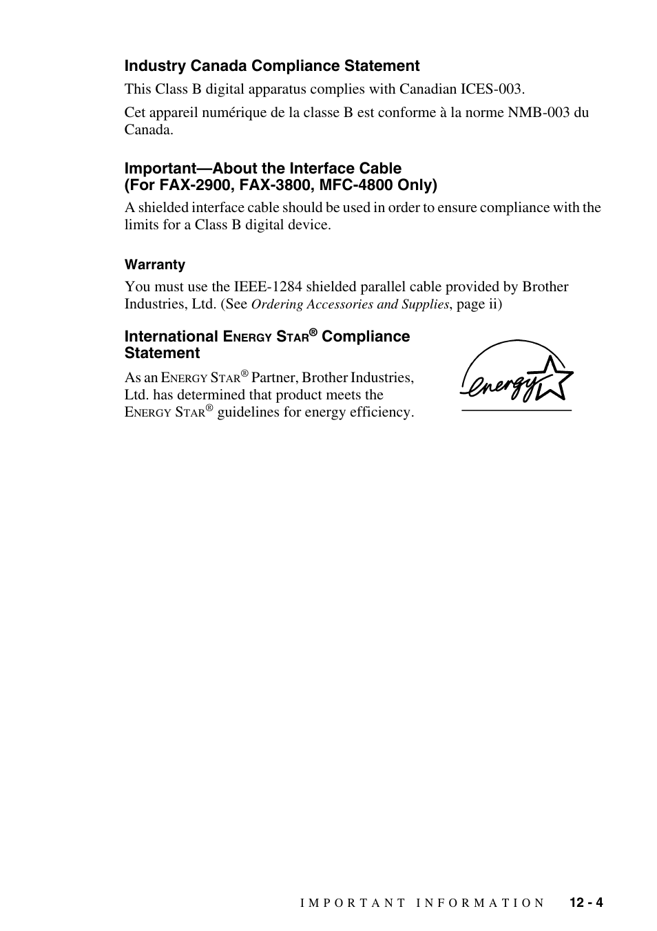 Industry canada compliance statement, Warranty, International energy star® compliance statement | For fax-2900, fax-3800, mfc-4800 only) -4, Warranty -4 international energy star, Compliance statement -4 | Brother FAX-3800 User Manual | Page 105 / 150