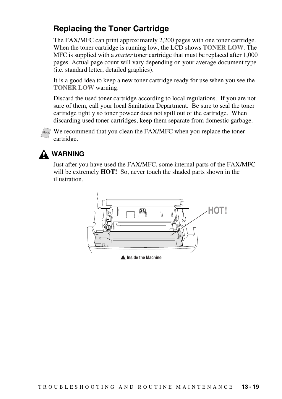 Replacing the toner cartridge, Replacing the toner cartridge -19 | Brother FAX-3800 User Manual | Page 127 / 150