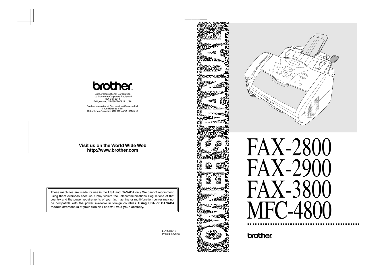 Rear cover, Owner’s m anu al | Brother FAX-3800 User Manual | Page 150 / 150