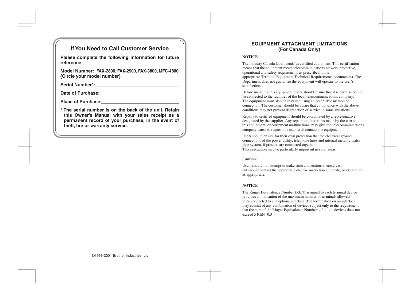 Inside front cover, If you need to call customer service | Brother FAX-3800 User Manual | Page 2 / 150