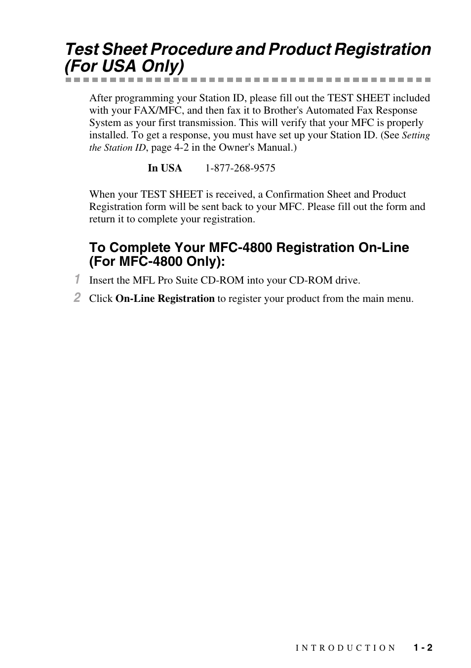 Test sheet procedure and product registration, For usa only) -2, To complete your mfc-4800 registration on-line | For mfc-4800 only): -2 | Brother FAX-3800 User Manual | Page 21 / 150