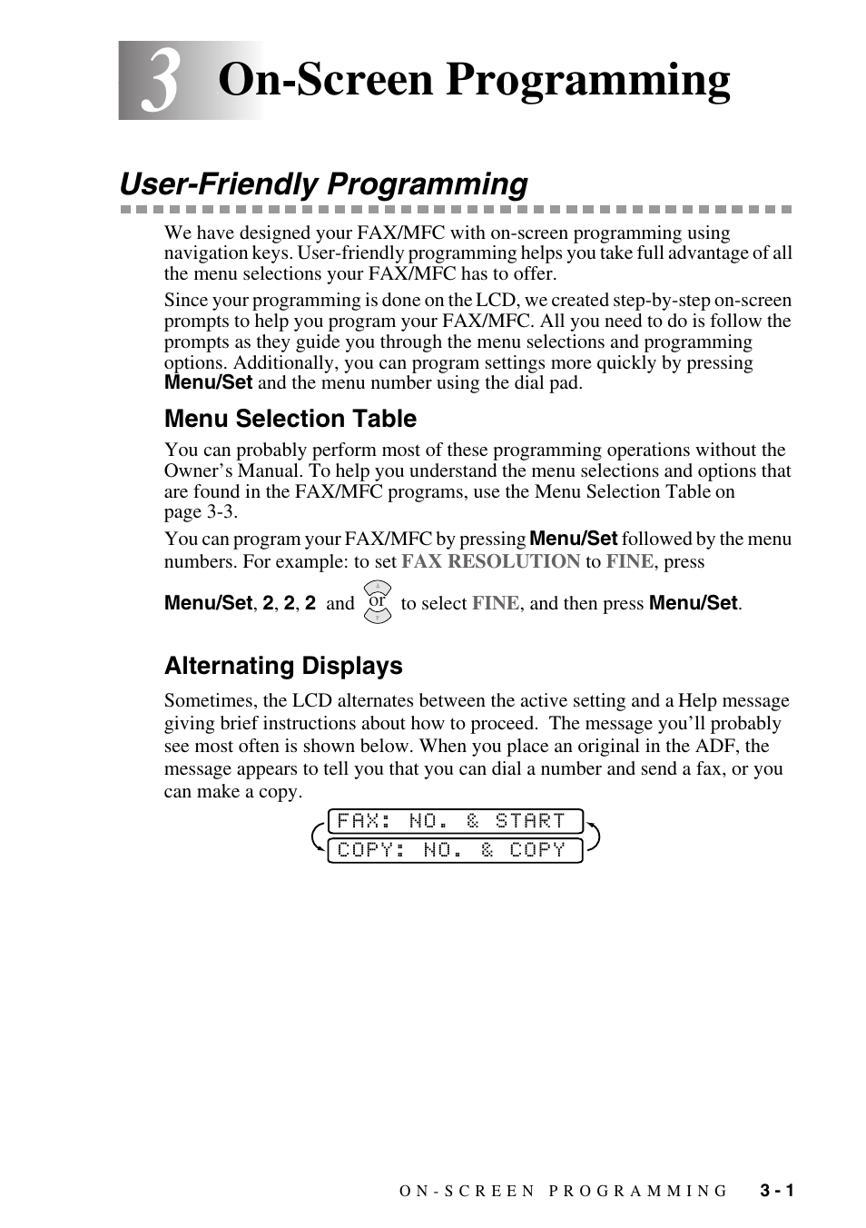 On-screen programming, User-friendly programming, Menu selection table | Alternating displays, On-screen programming -1, User-friendly programming -1, Menu selection table -1 alternating displays -1 | Brother FAX-3800 User Manual | Page 43 / 150